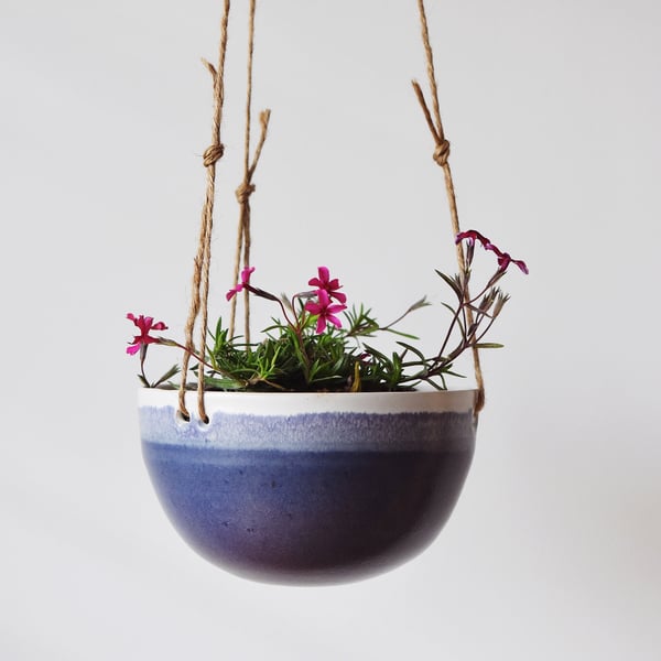 Hanging indoor planter in blue and white - handmade ceramics
