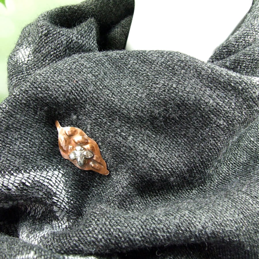 Large Leaf & Bee Brooch. Copper and Sterling Silver Lapel Pin