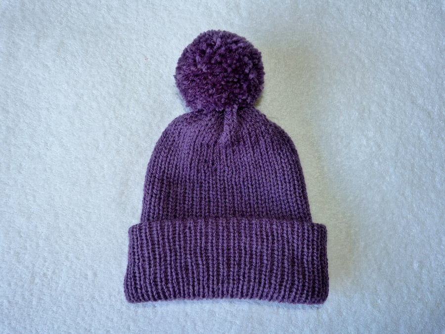 Bobble Hat in Purple Aran weight Yarn with Large Pompom. 