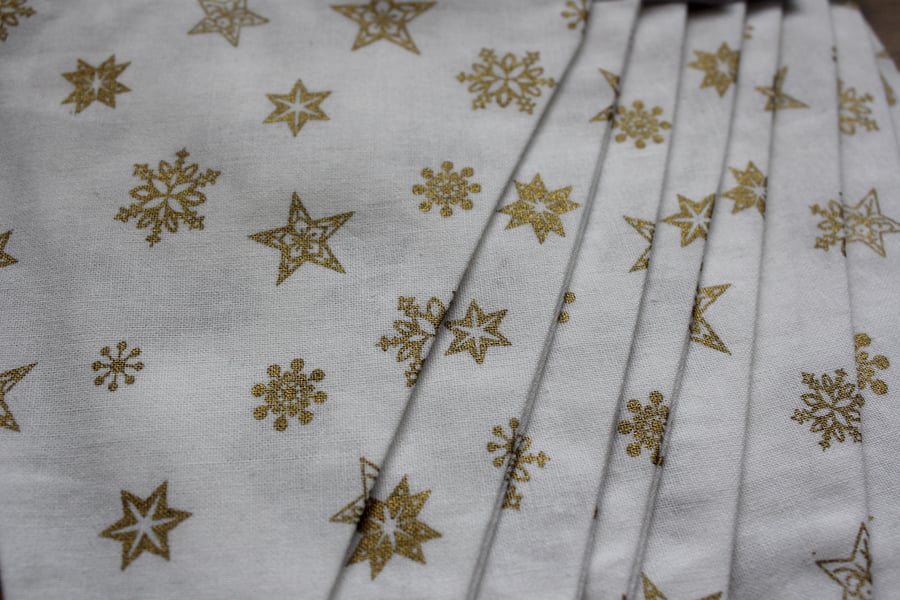 Christmas Bunting - White with Gold Stars and Snowflakes