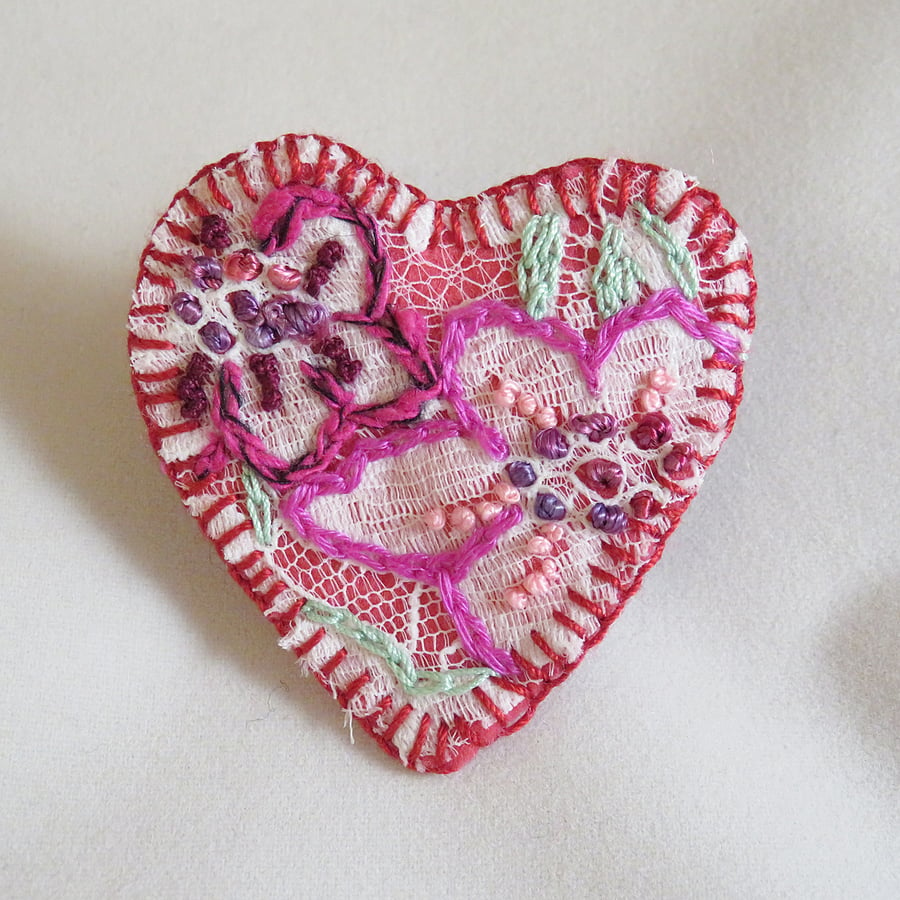 Magenta Heart Brooch - Hand embroidered lace on felt