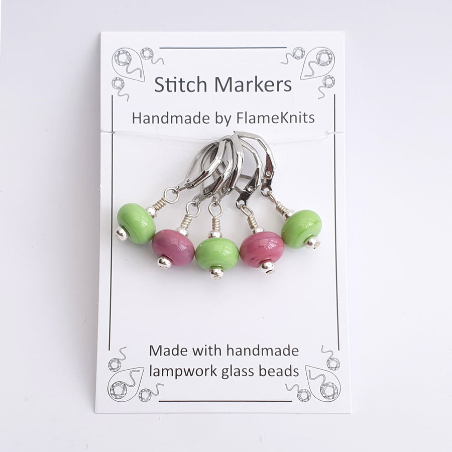 Lampwork Stitch Markers - Wicked Greens and Pinks