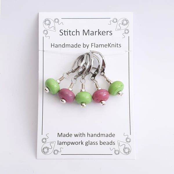 Lampwork Stitch Markers - Wicked Greens and Pinks