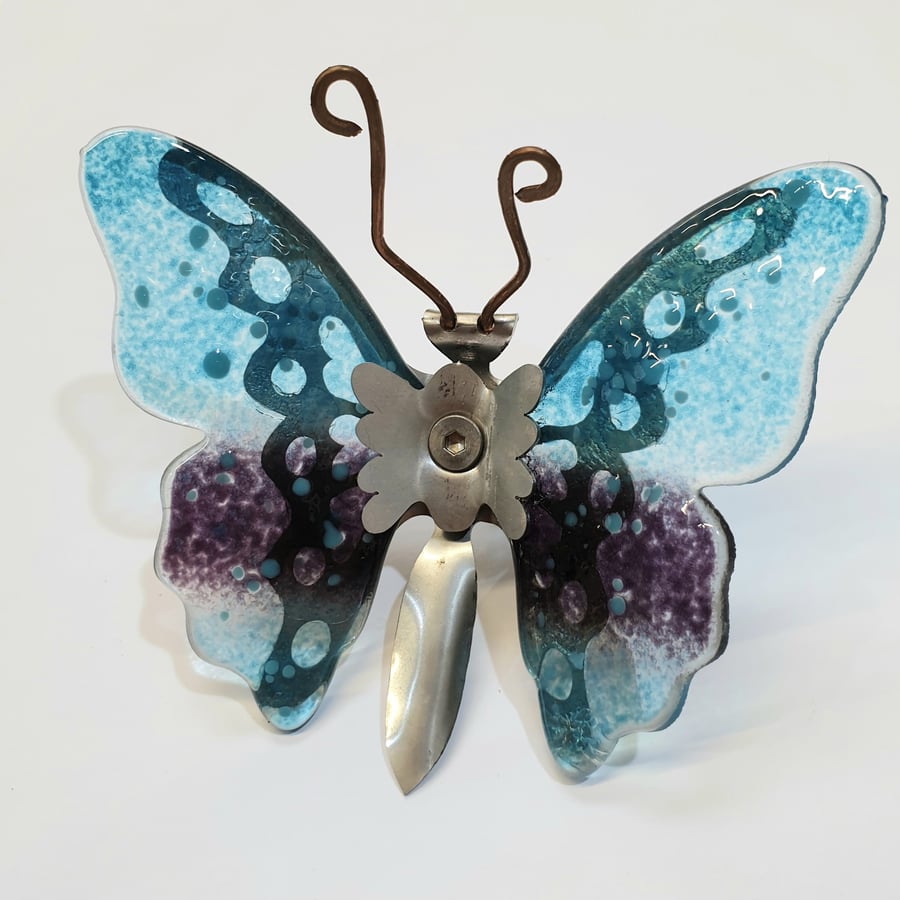 Butterfly Wall Art - Glass and Metal - Mini Purple and Turquoise Butterfly