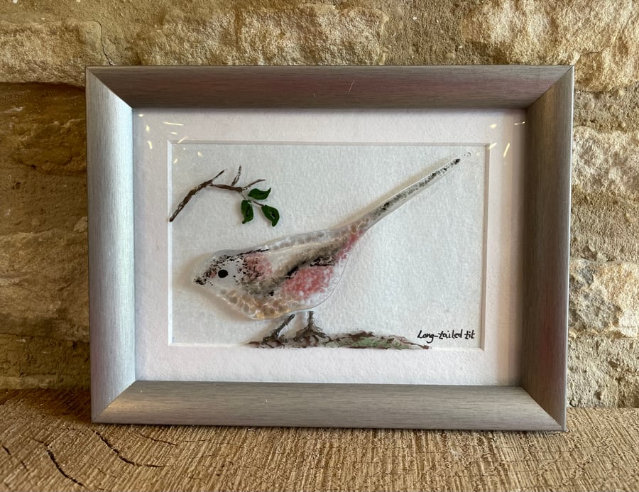 Framed fused glass long-tailed tit