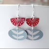 Folk art flower earrings in red and grey