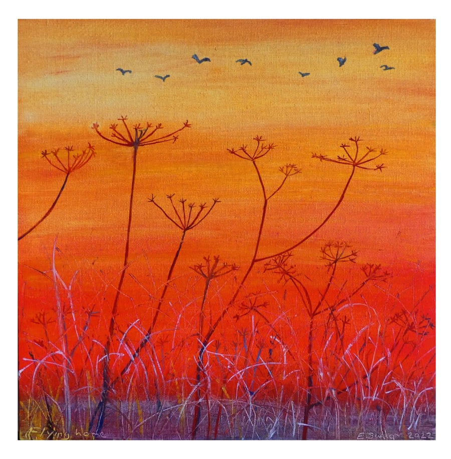 Sunset Oil Painting Birds & Sunset Impressionist Cow Parsley in the  Fens Canvas
