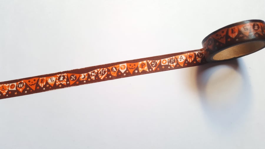 1 x 4m Roll Adhesive Craft Washi Tape - 15mm - Halloween Bunting - Black 