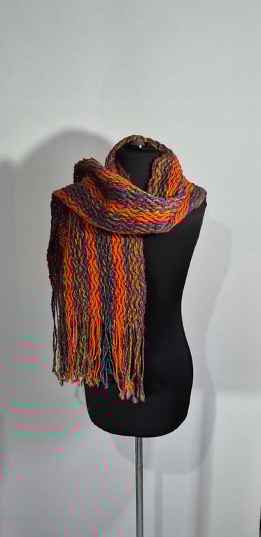 21.Handspun and Handwoven Statement Long  Scarf in Marino Wool.