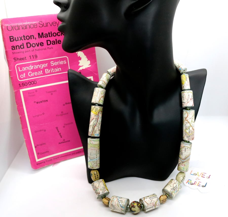 Paper beaded necklace made of an OS map of Buxton, Matlock and Dovedale
