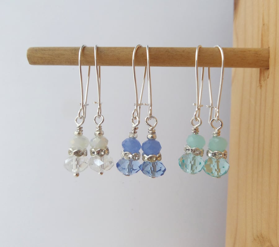 Silver and Crystal Earrings, Sparkle Dangle Kidney Wire Earrings
