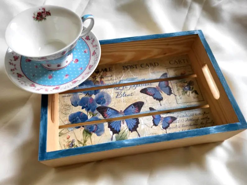 Blue Butterfly Wooden Tea Tray - Handmade Rustic Serving Tray - Floral Gift