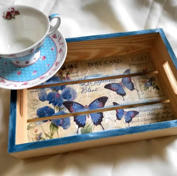 Blue Butterfly Wooden Tea Tray - Handmade Rustic Serving Tray - Floral Gift