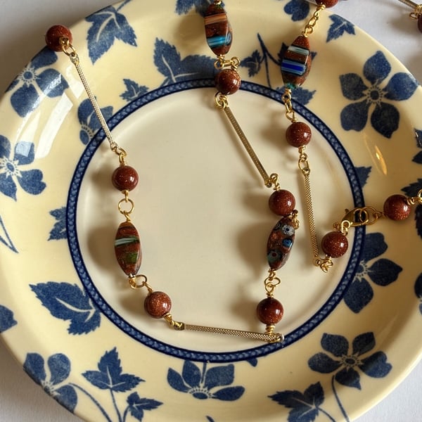 Millefiori and goldstone vintage style necklace