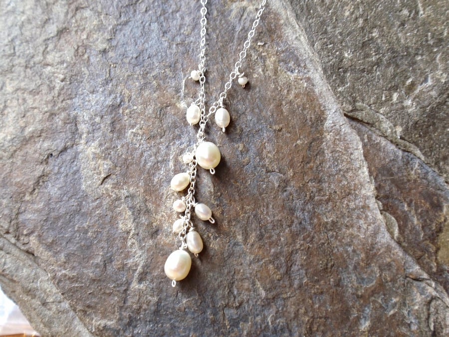 Freshwater pearl cluster necklace with sterling silver, lovely occasion necklace