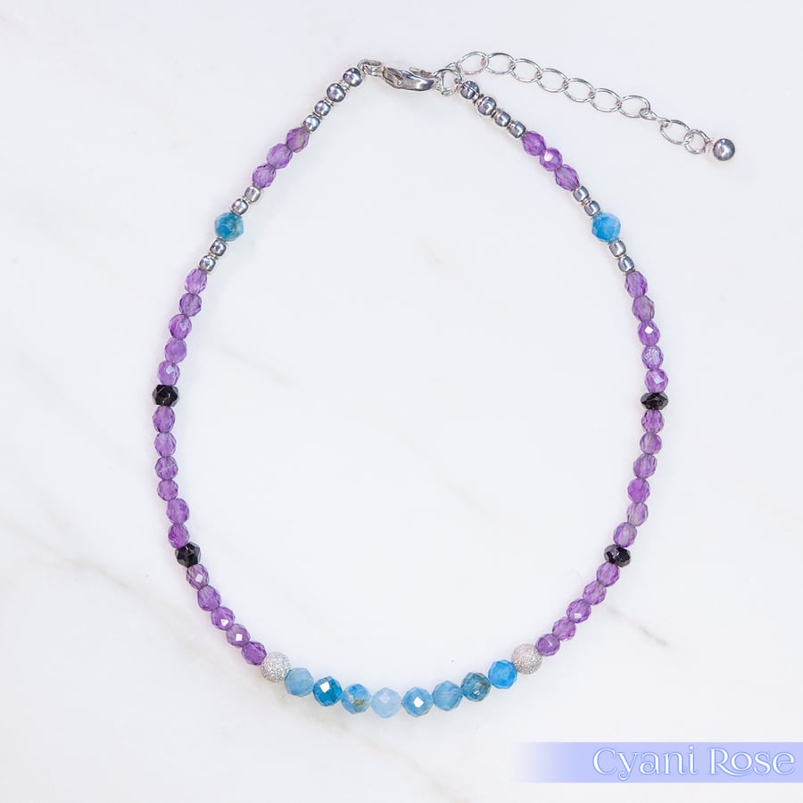 Bracelet Amethyst Black Spinel Apatite & Sterling Silver adjustable beaded 