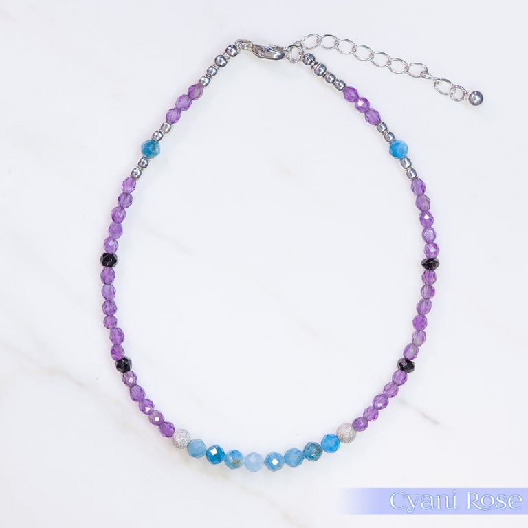 Bracelet Amethyst Black Spinel Apatite & Sterling Silver adjustable beaded 