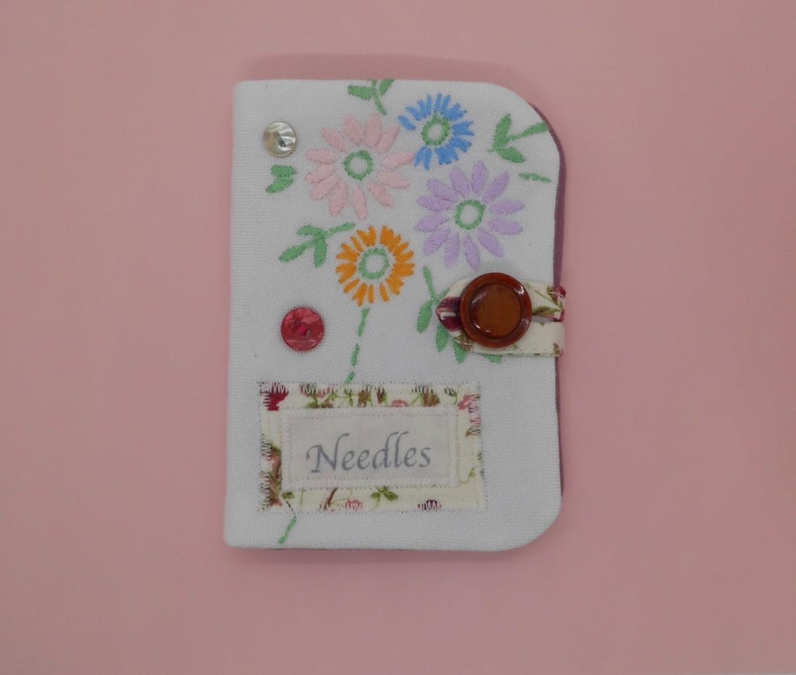 SOLD Sewing needle case using repurposed embroidery pink floral