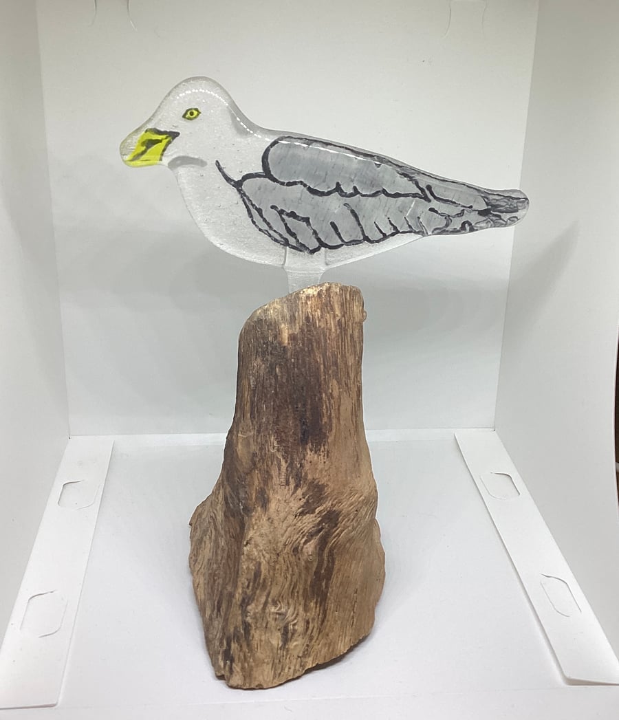 Hand painted fused Glass seagull patched on wood, freestanding coastal themed 