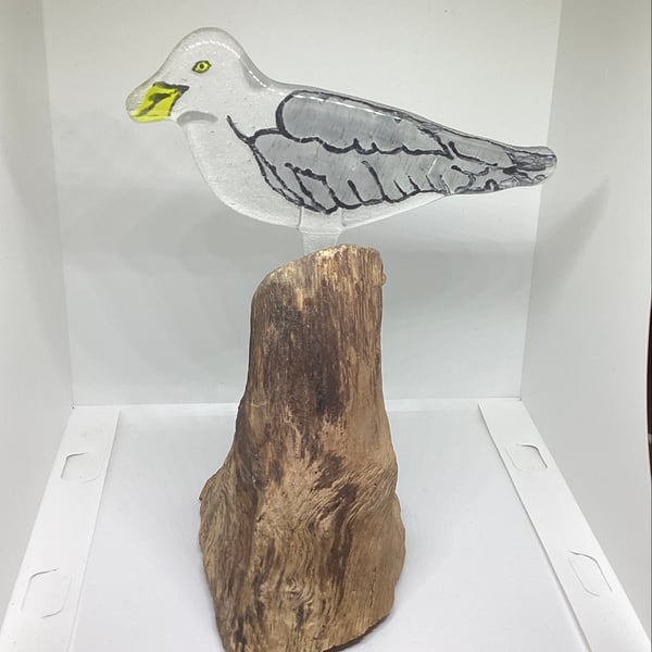 Hand painted fused Glass seagull patched on wood, freestanding coastal themed 