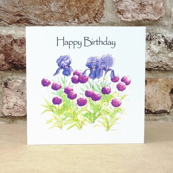 Birthday Card Iris and Allium Garden Eco Friendly