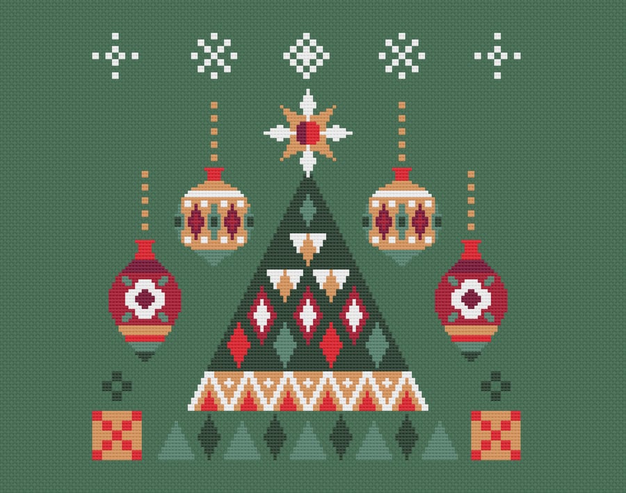 142 Cross Stitch Pattern Geometric Christmas Tree Snow Baubles and presents