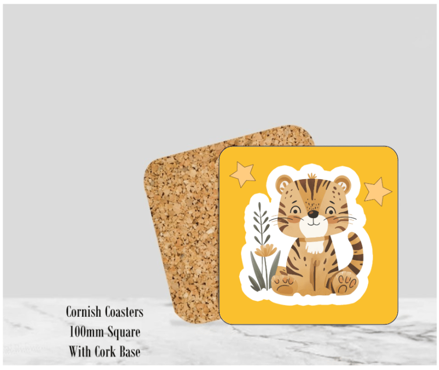 Yellow Happy Tiger Coaster 4" Square With Cork Base