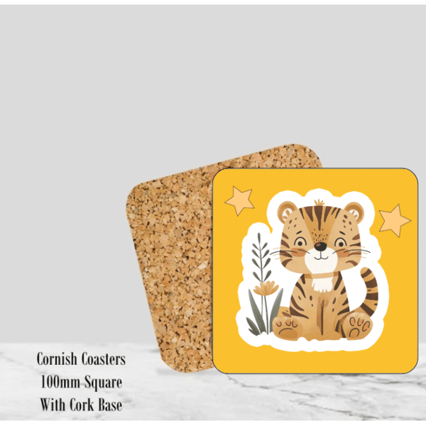 Yellow Happy Tiger Coaster 4" Square With Cork Base