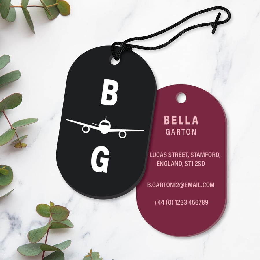 Luggage Tag - Plane Initials: Personalised Engraved Acrylic Suitcase Label