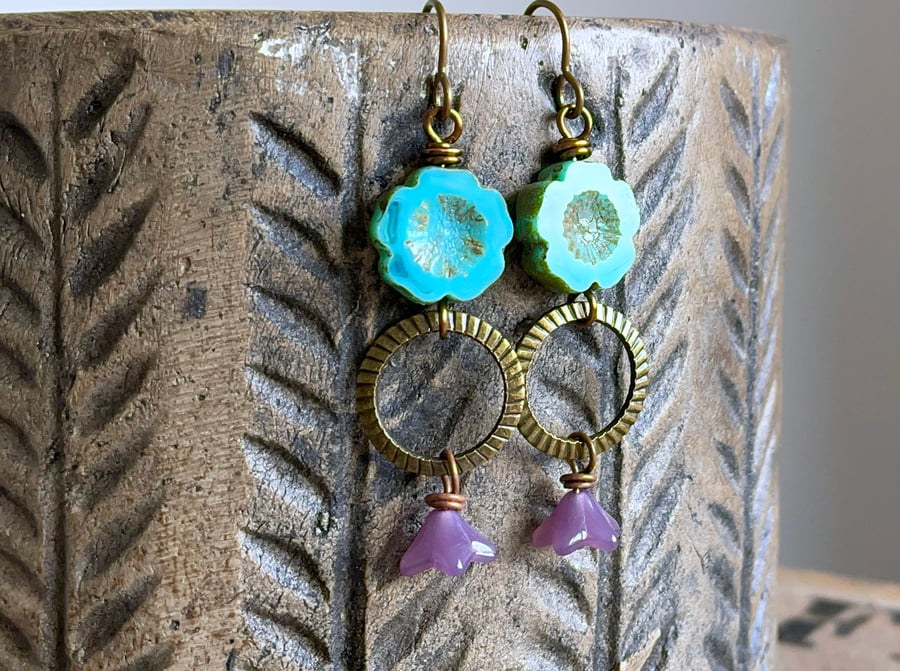Bohemian Floral Earrings, Turquoise & Purple Glass Flowers, Summer Style