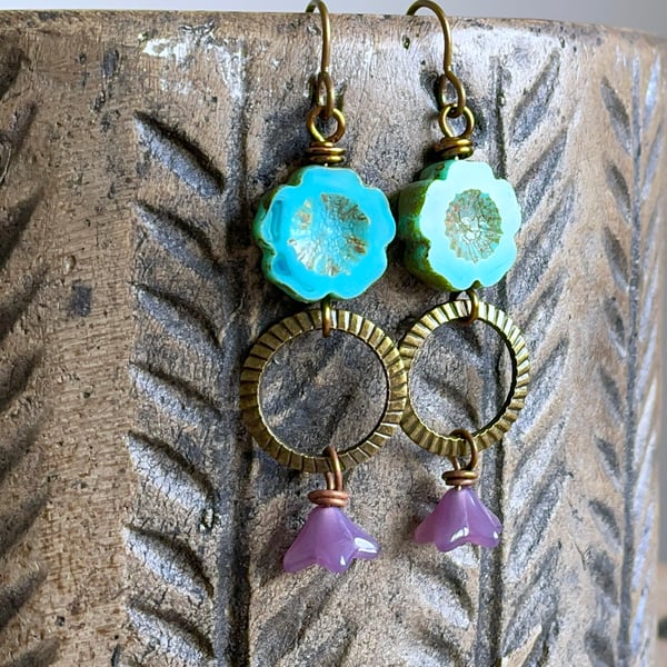 Bohemian Floral Earrings, Turquoise & Purple Glass Flowers, Summer Style