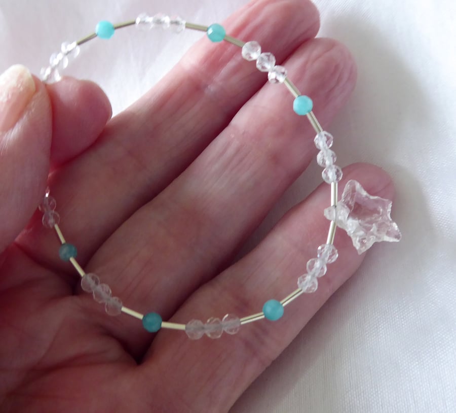 One Off Sterling Silver beaded gemstone Bracelet with Quartz Star and Amazonite 