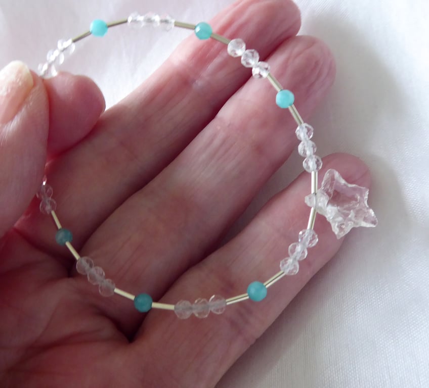 One Off Sterling Silver beaded gemstone Bracelet with Quartz Star and Amazonite 