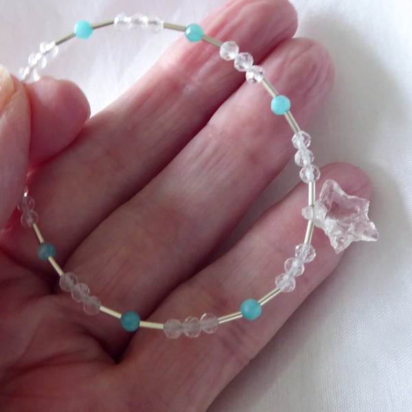 One Off Sterling Silver beaded gemstone Bracelet with Quartz Star and Amazonite 