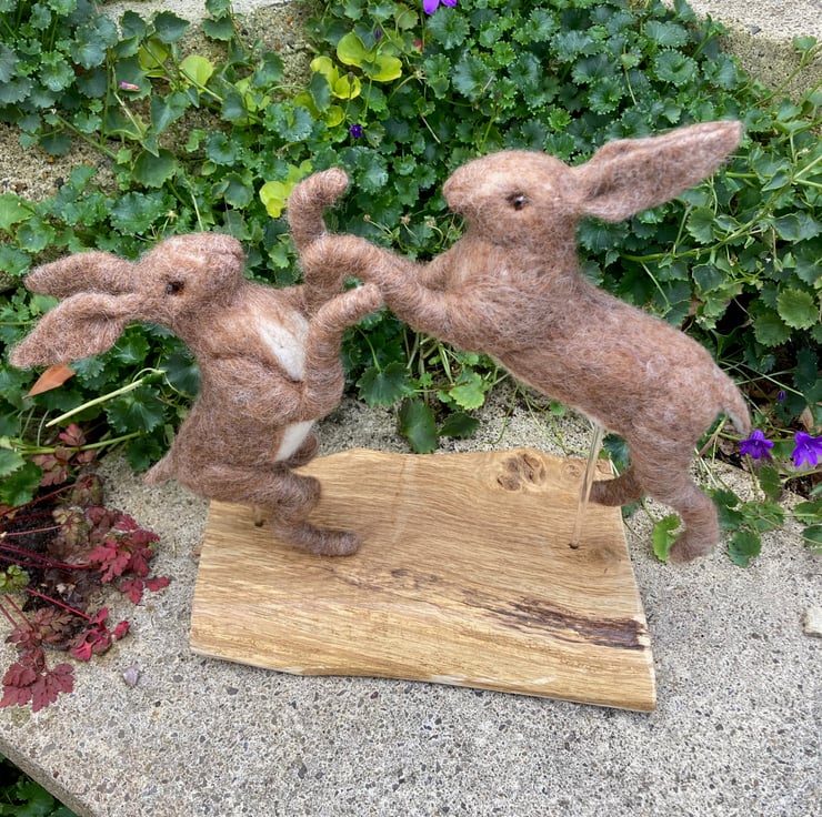 Boxing Hares woollen sculpture, needle felted p... - Folksy