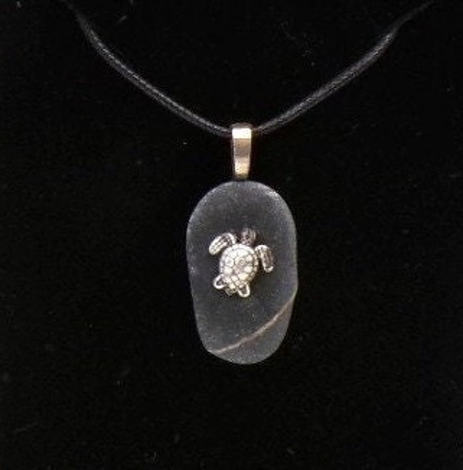 Beach Stone Turtle Pendant Tibetan Silver, Faux Leather Necklace