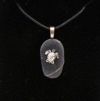Beach Stone Turtle Pendant Tibetan Silver, Faux Leather Necklace