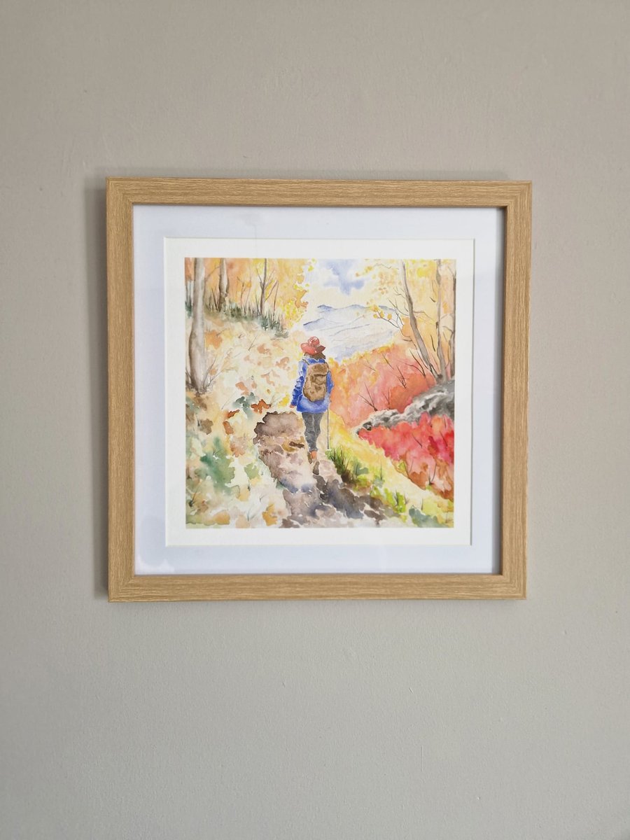 Hiker in Autumn fine art giclee print of original watercolour by Lea Murch