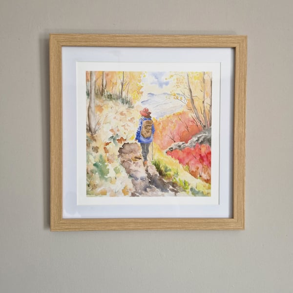 Hiker in Autumn fine art giclee print of original watercolour by Lea Murch