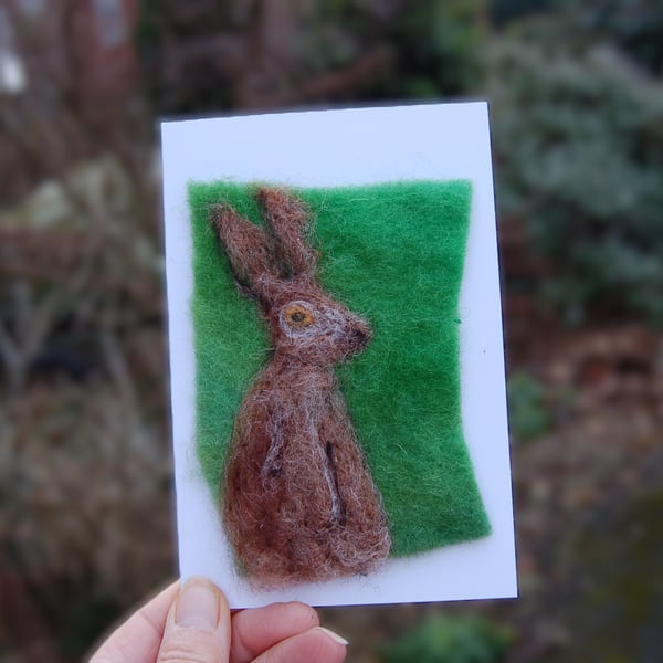 Birthday Card - Hare, Needle felt card, wool card, wool painting, textile art