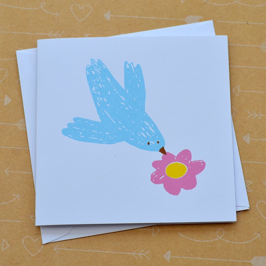 Bird and Flower - Small Hand Screen Printed Card