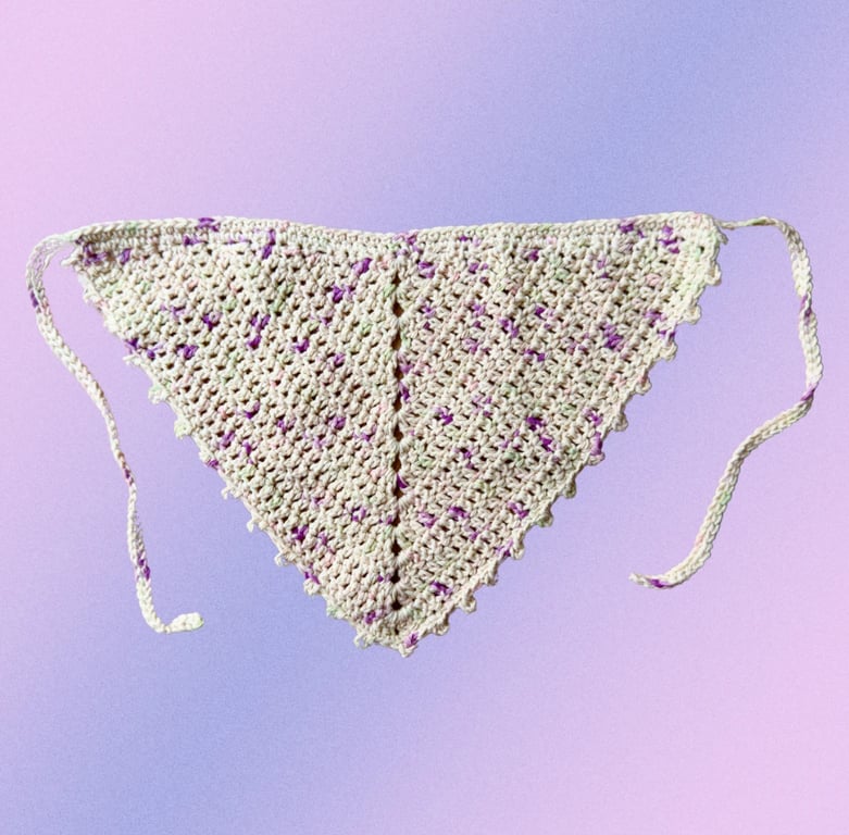 Crochet Cotton Bandana – Cream Pink and Green with Picot Border, Cottag