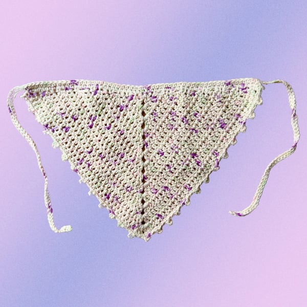 Crochet Cotton Bandana – Cream Pink and Green with Picot Border, Cottag