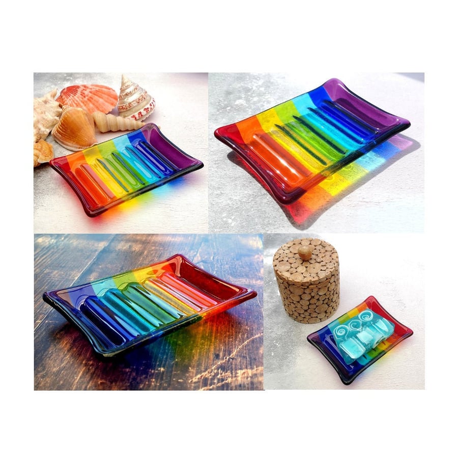 Handmade Fused Glass Rainbow Striped Soap Dish - Colourful Glass - Rainbow Decor