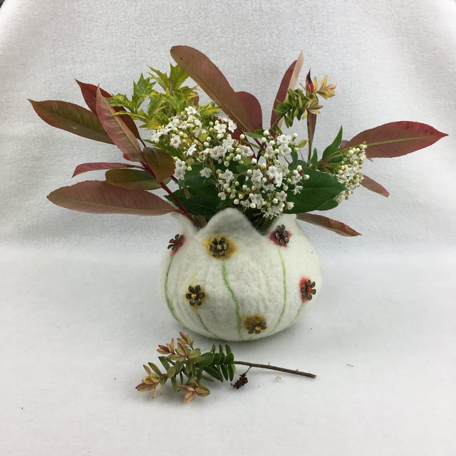 White felted pod or pot with beaded floral design, vase, planter, decorative pot