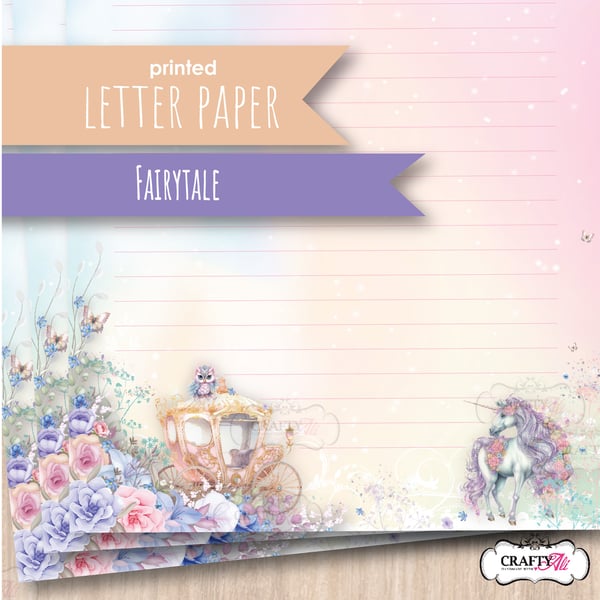 Letter Writing Paper - Fairy Tale Castle, Unicorn and Golden Carriage