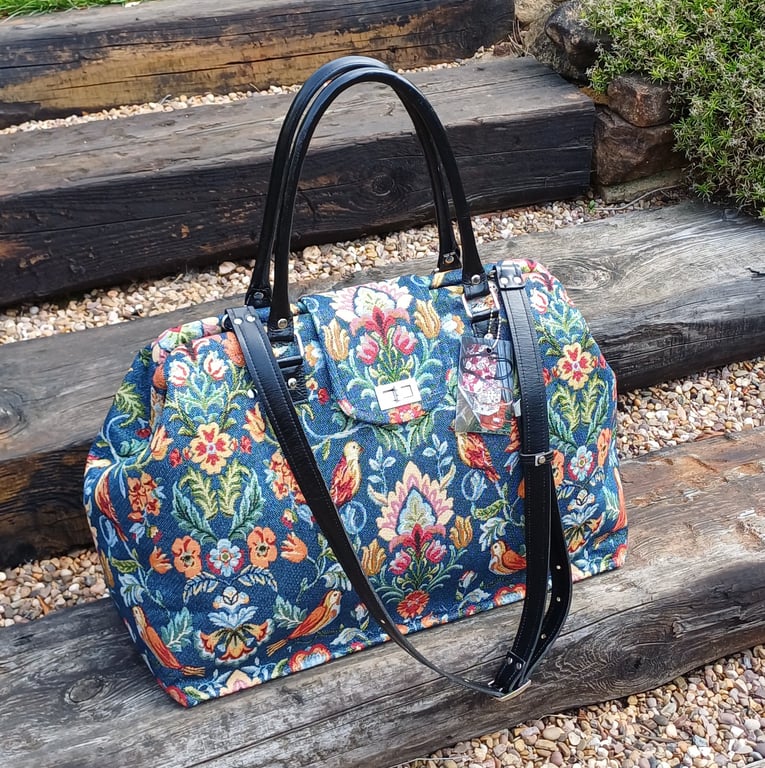 Mary Poppins style weekend travel bag blue William Morris style tapestry bag