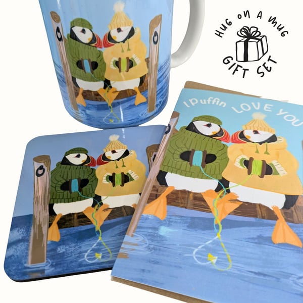 Valentine gift set Mug Coaster card Puffin love