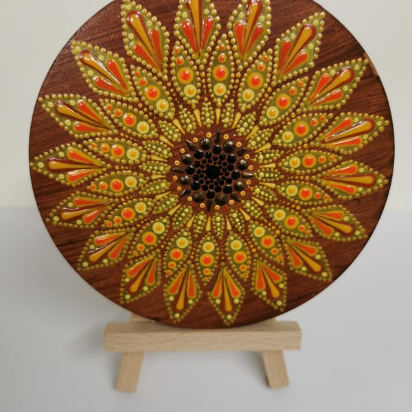 Hand painted sunflower mandala coaster
