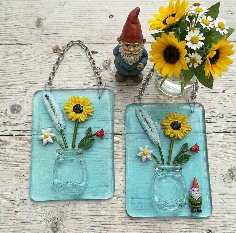 Handmade 3D Fused Glass Flowers In Vase Hanging Picture - Suncatcher - Gnome